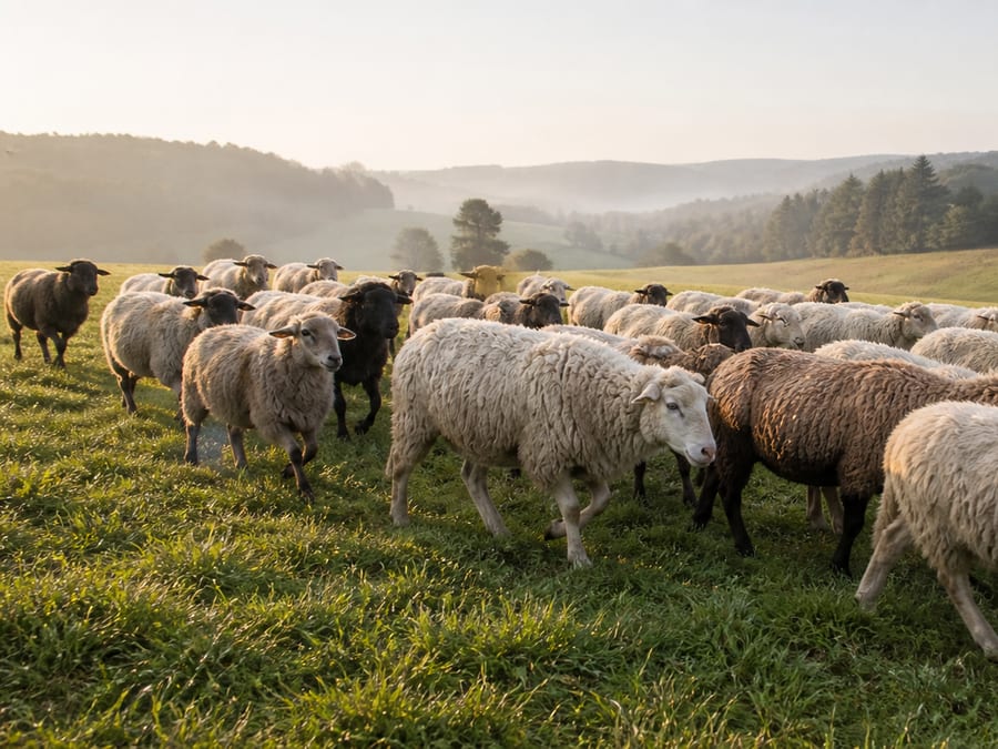 Schafherde auf der Weide, dahinter bewaldete Hügel im Morgennebel